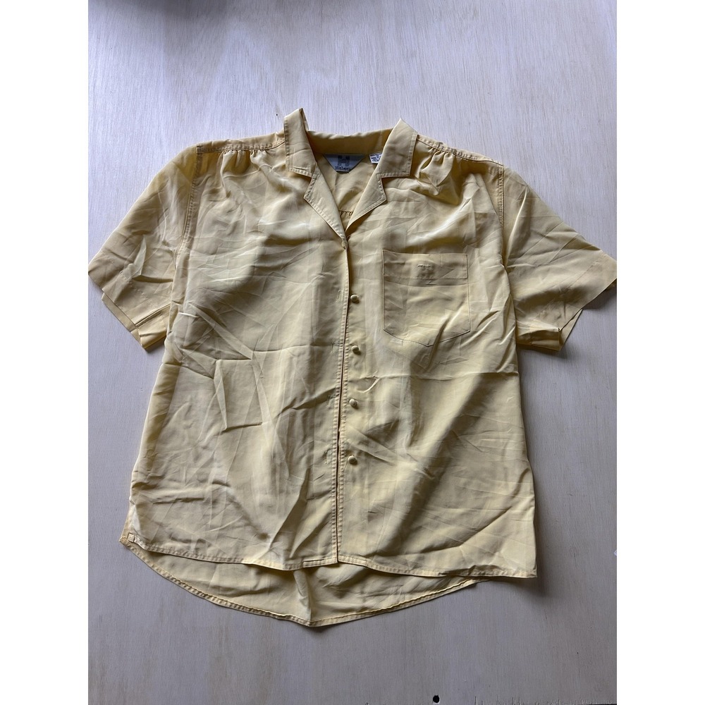 Vintage Higbee's Shirt Womens 14 Yellow Polyester Button Front Short Sleeve Top